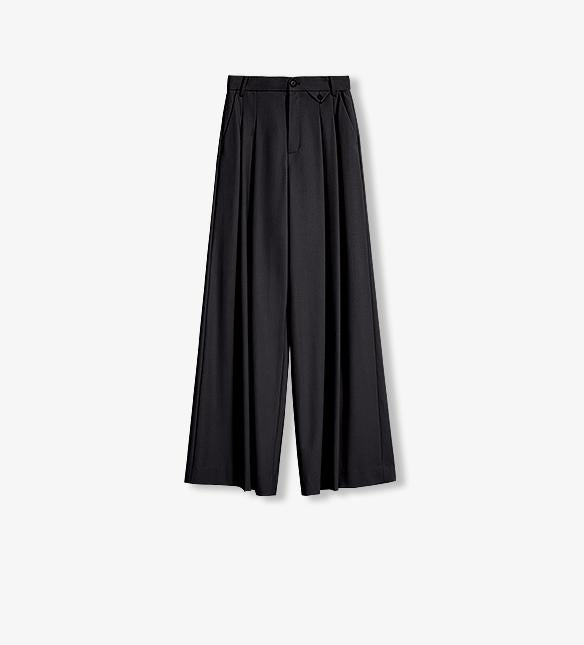 Merino wool blended double pleated wide-leg pants for women, versatile, drapey and comfortable casual trousers