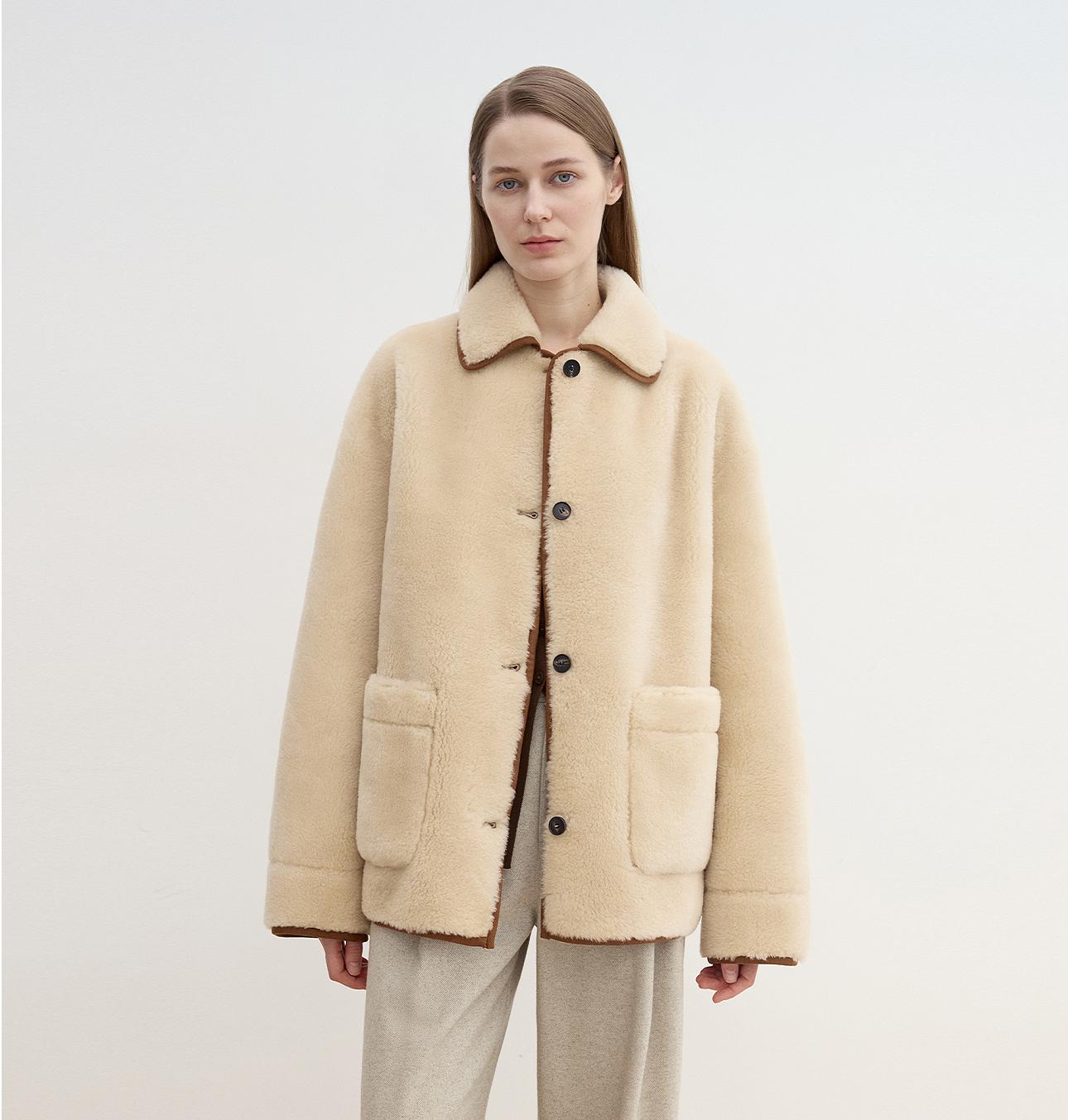 Winter Concerto High Quality Shearling Vintage Contrast Colored Small Lapel Jacket