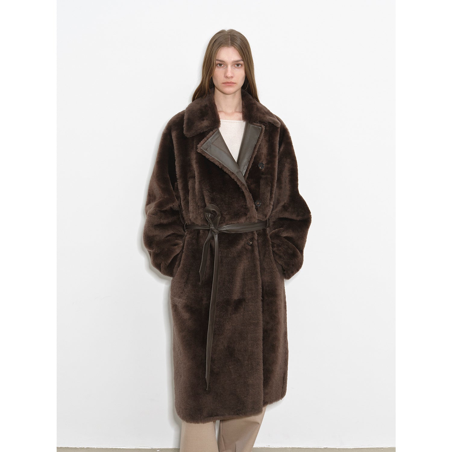 "Mocha Phantom" Merino wool dropped shoulder long asymmetric placket sheepskin coat