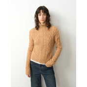 "Romantic Cable" vintage warm flower basic mohair wool cable blend zipper knitted cardigan