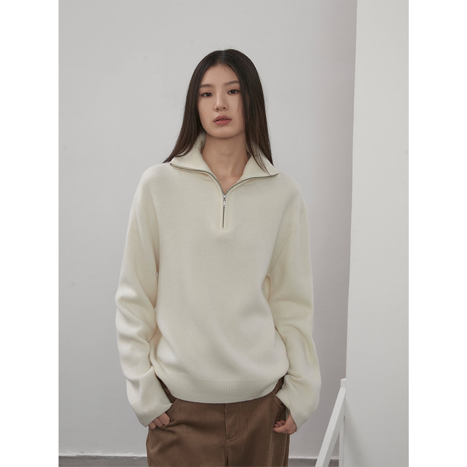 "Moonlight Farm" Merino wool lazy loose pullover sweater women's zipper turtleneck sweater