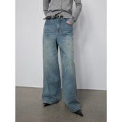 "90 Street" Retro Washed Distressed Straight Leg Wide Leg Low Crotch Jeans Women's Loose Pants