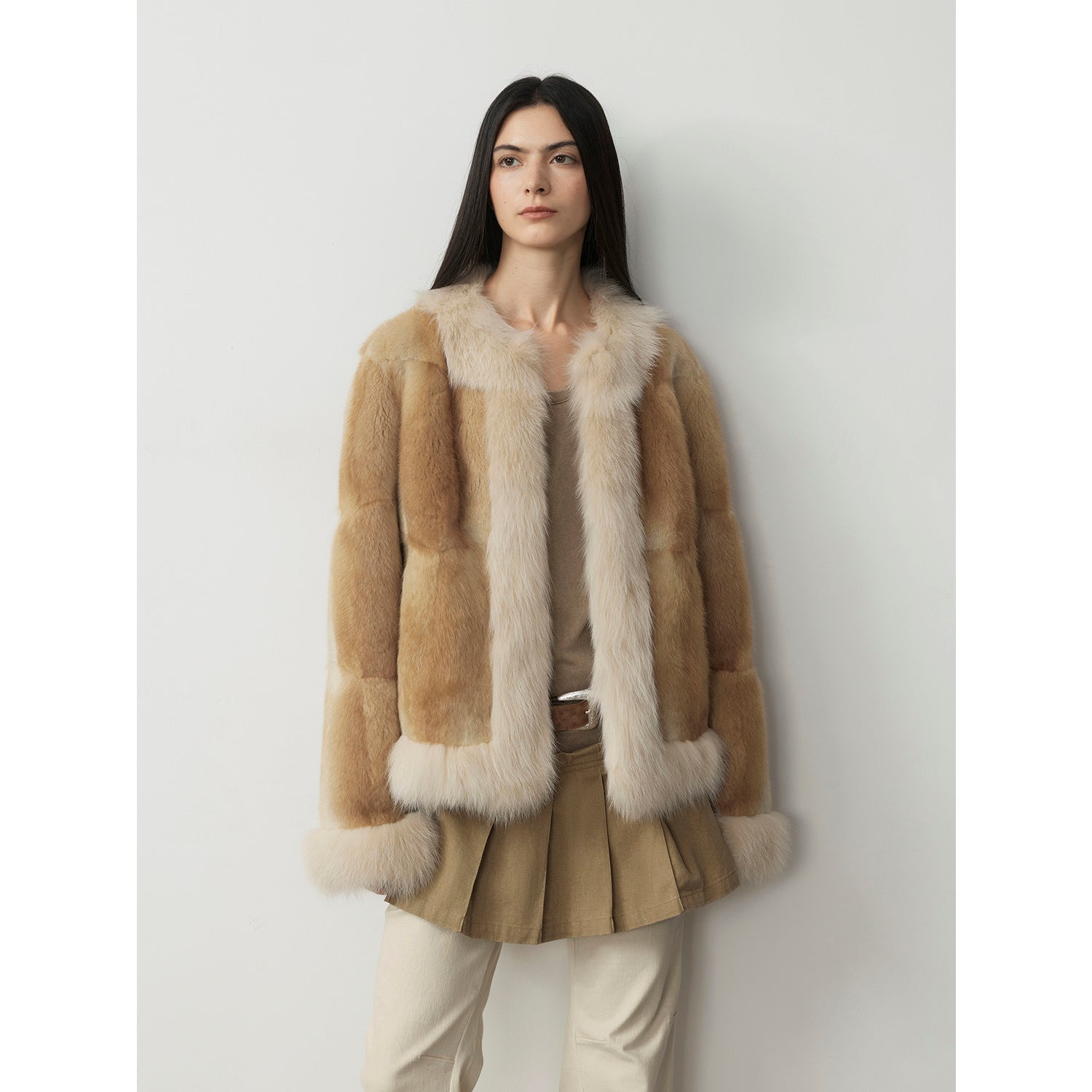 "Casual Gene" Wide Shoulder Straight Fit Blue Mink Fur Patchwork with Contrasting Fox Fur Coat for Women