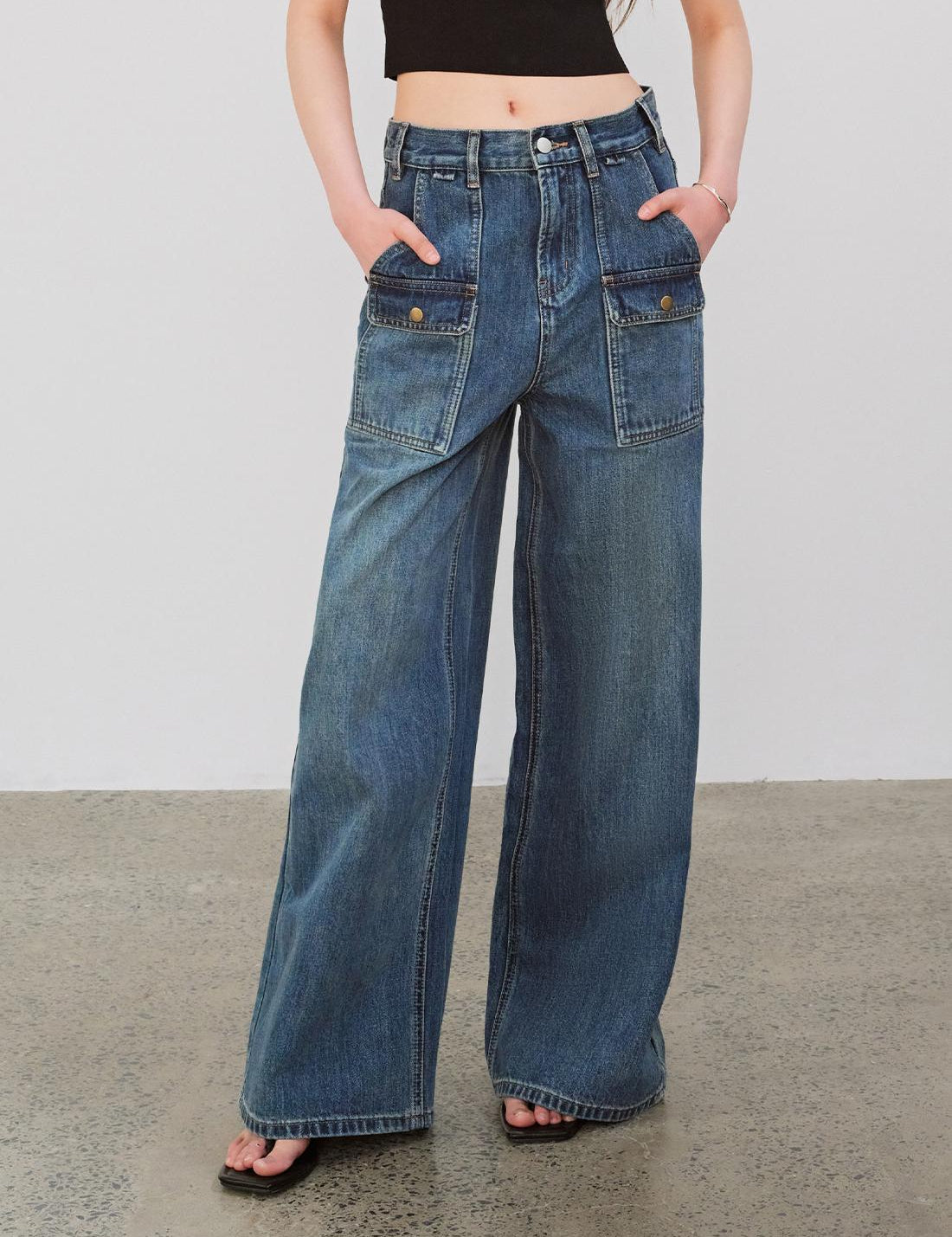 "Silent Deep Sea"Washed Vintage Blue Straight-leg Workwear Jeans for Women, Loose Wide-leg High-waisted Pants