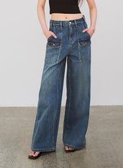 "Silent Deep Sea"Washed Vintage Blue Straight-leg Workwear Jeans for Women, Loose Wide-leg High-waisted Pants