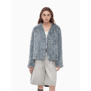 "Masked Denim" fashionable lazy hand-dyed V-neck H-shaped short woven Rex rabbit fur coat