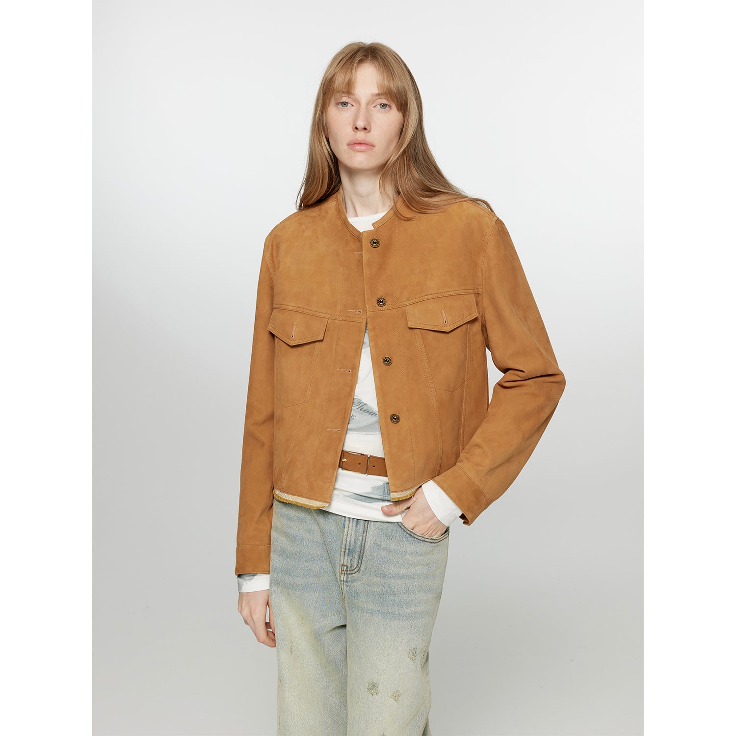 "Sunset Escape"Retro Suede Sheepskin Short Jacket with Structured Shoulders and Round Neck, Genuine Leather Outerwear