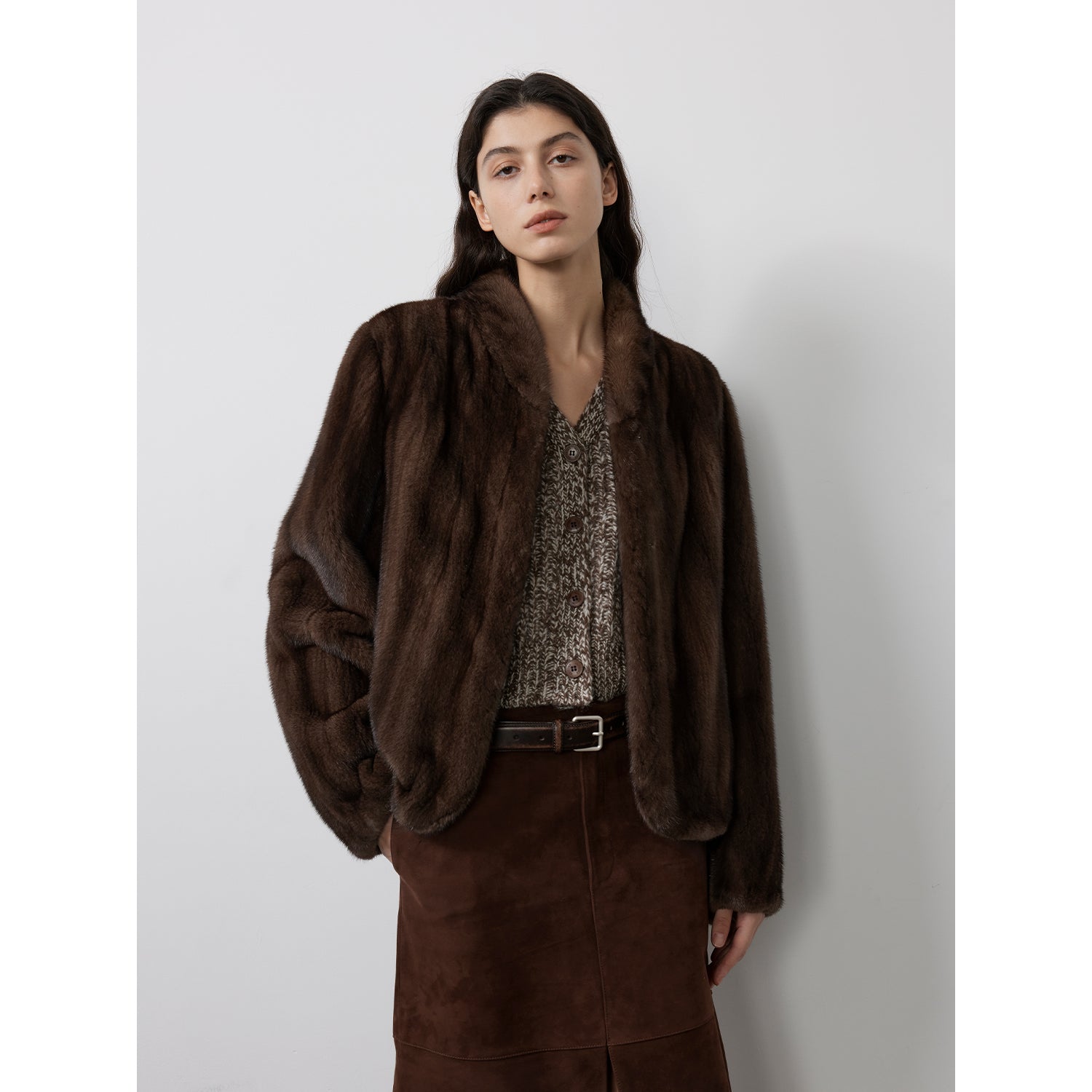 Warm coffee mink retro imported stand collar short mink fur coat