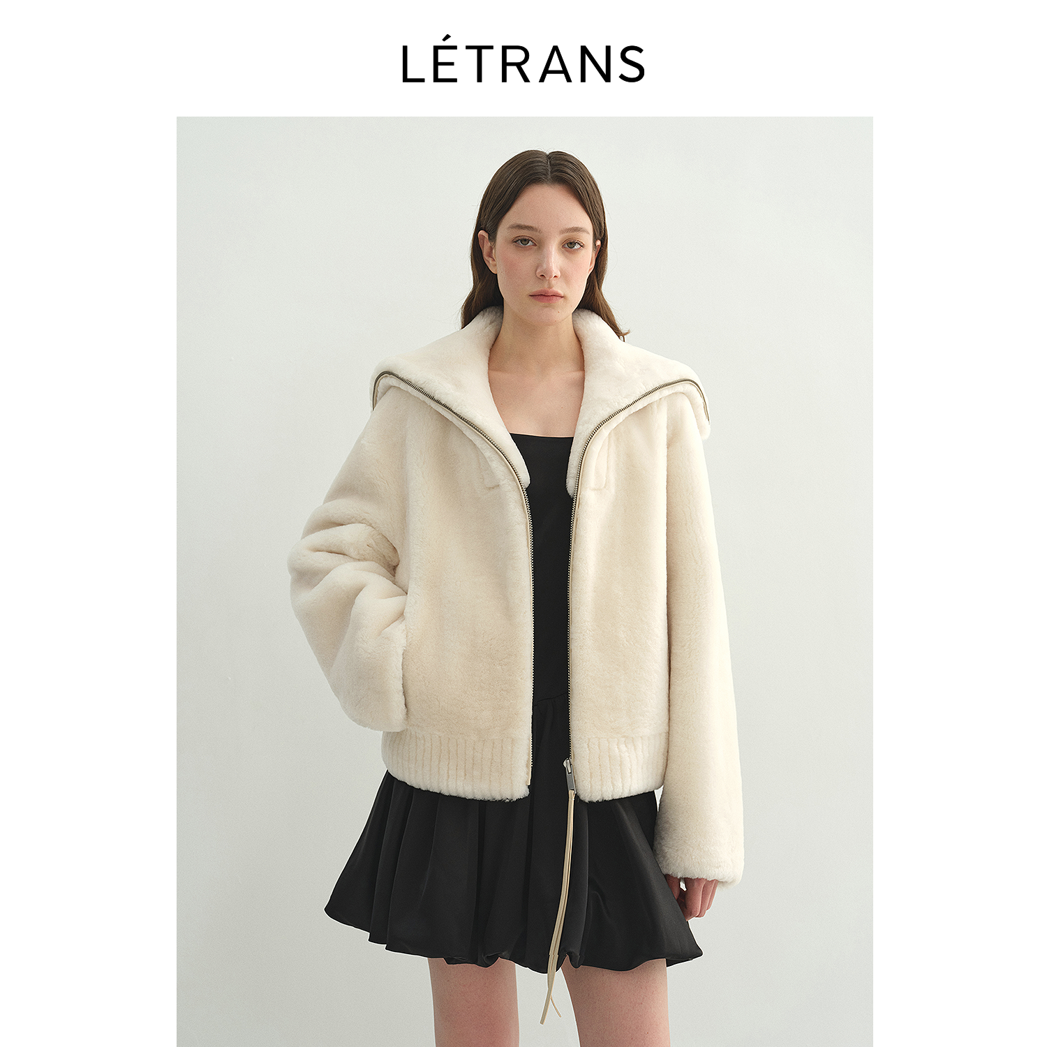 Fireladyfur Women's Shearling Leather Coat | Short Navy Collar Merino Wool Blend“Butter Crisp”