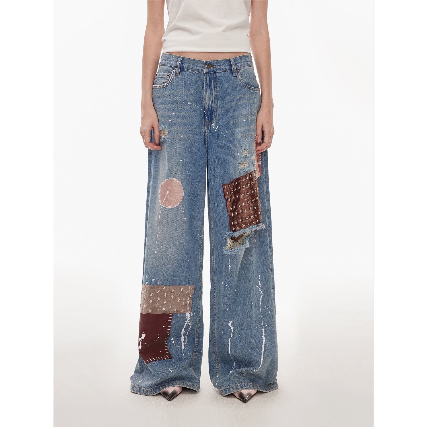 "Uninhibited splicing" retro design mid-low waist washed ripped hole splattered paint cloth patch wide-leg jeans