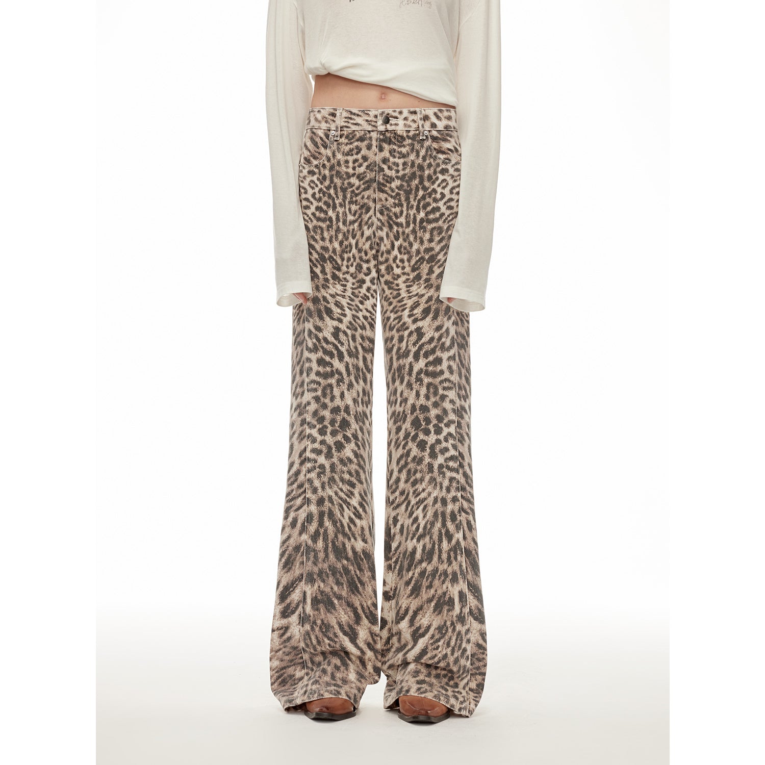 “Wild roar”vintage original leopard print Turkish imported washed slimming straight-leg bootcut jeans