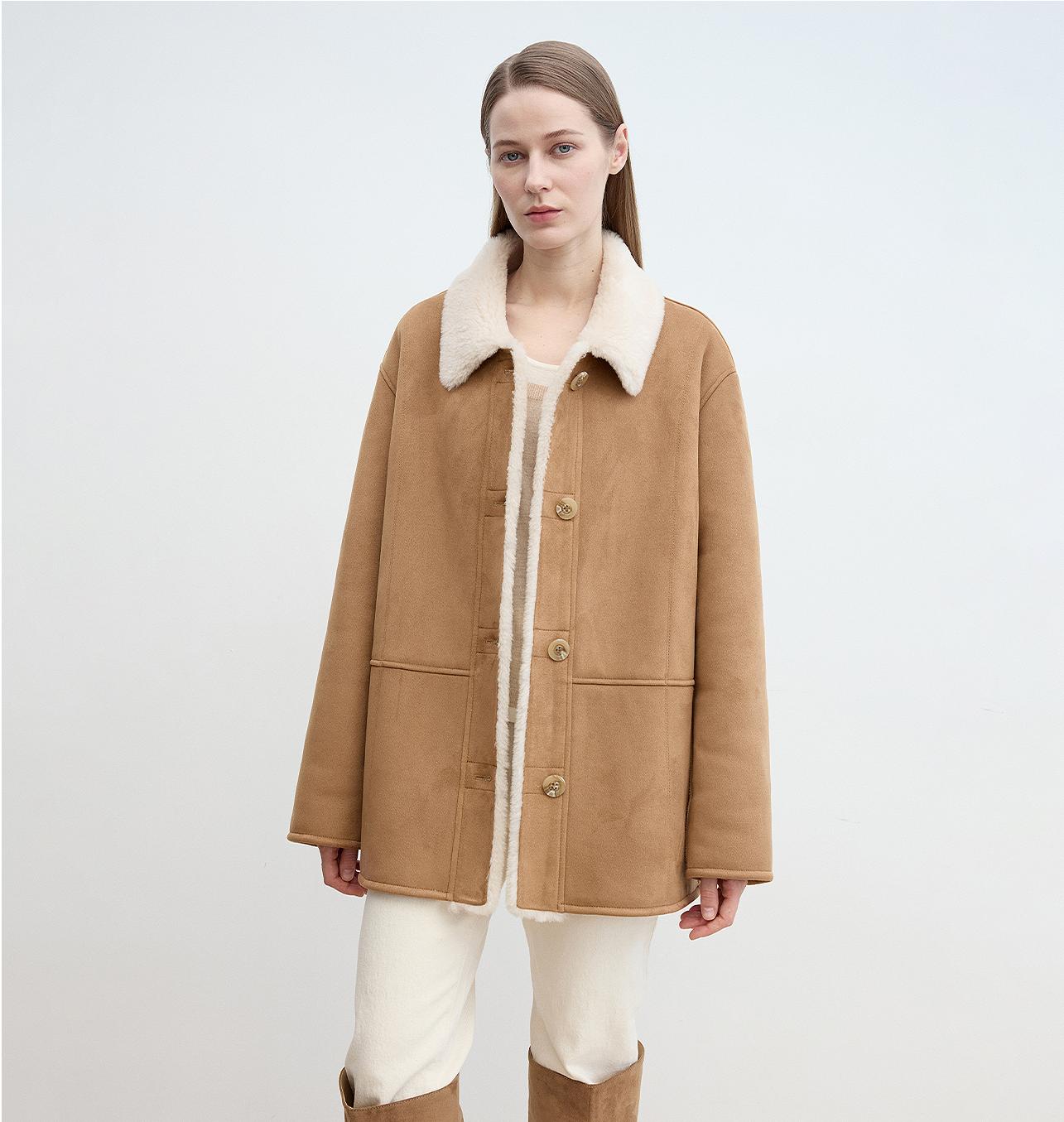“Vintage Manor”High Quality Wool Contrast Lapel Reversible Artificial Compound Suede Shearling jacket