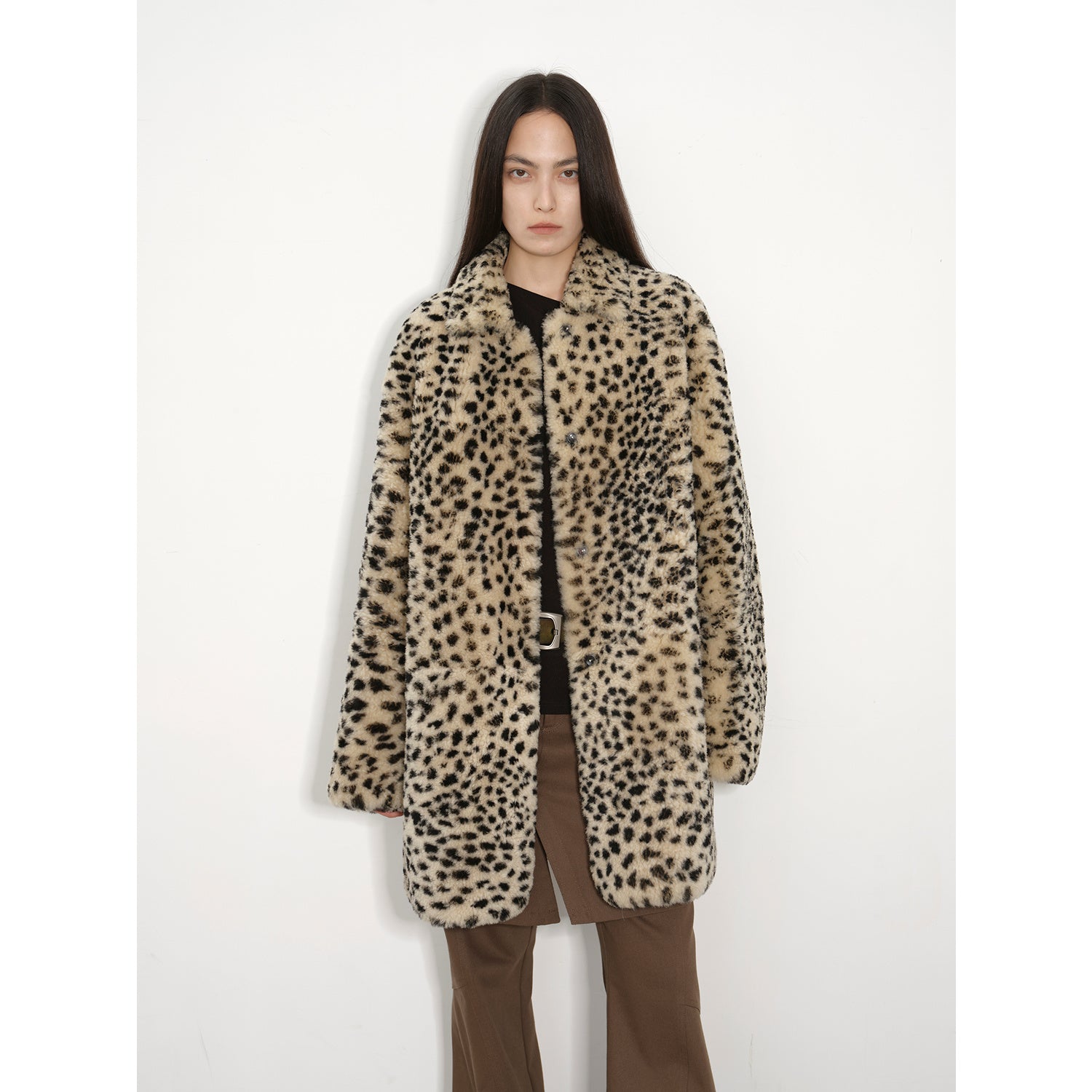 "Leopard print sniper" imported merino sheepskin fashionable off-shoulder slim mid-length fur coat