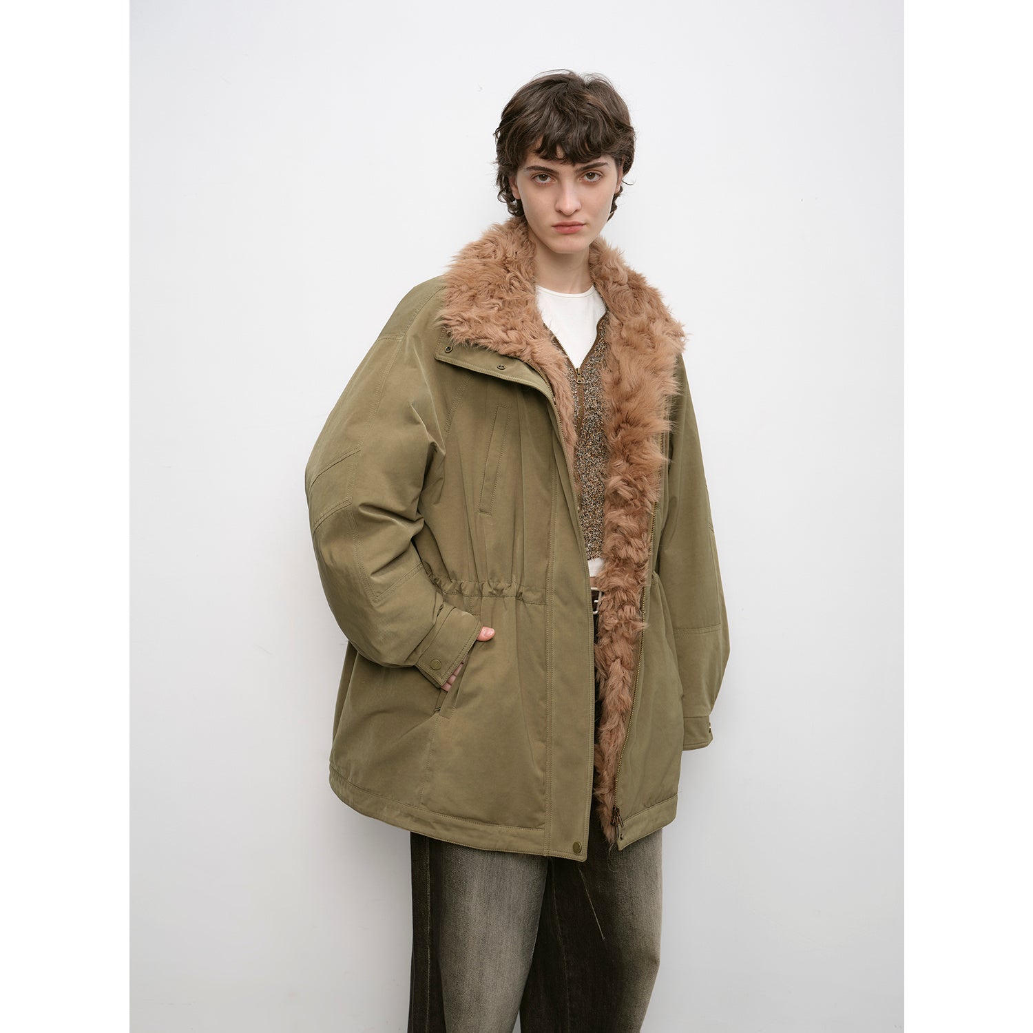 "Amber Pine Forest" fashionable Toka curly collar 90 goose down H-type drawstring mid-length parka down jacket