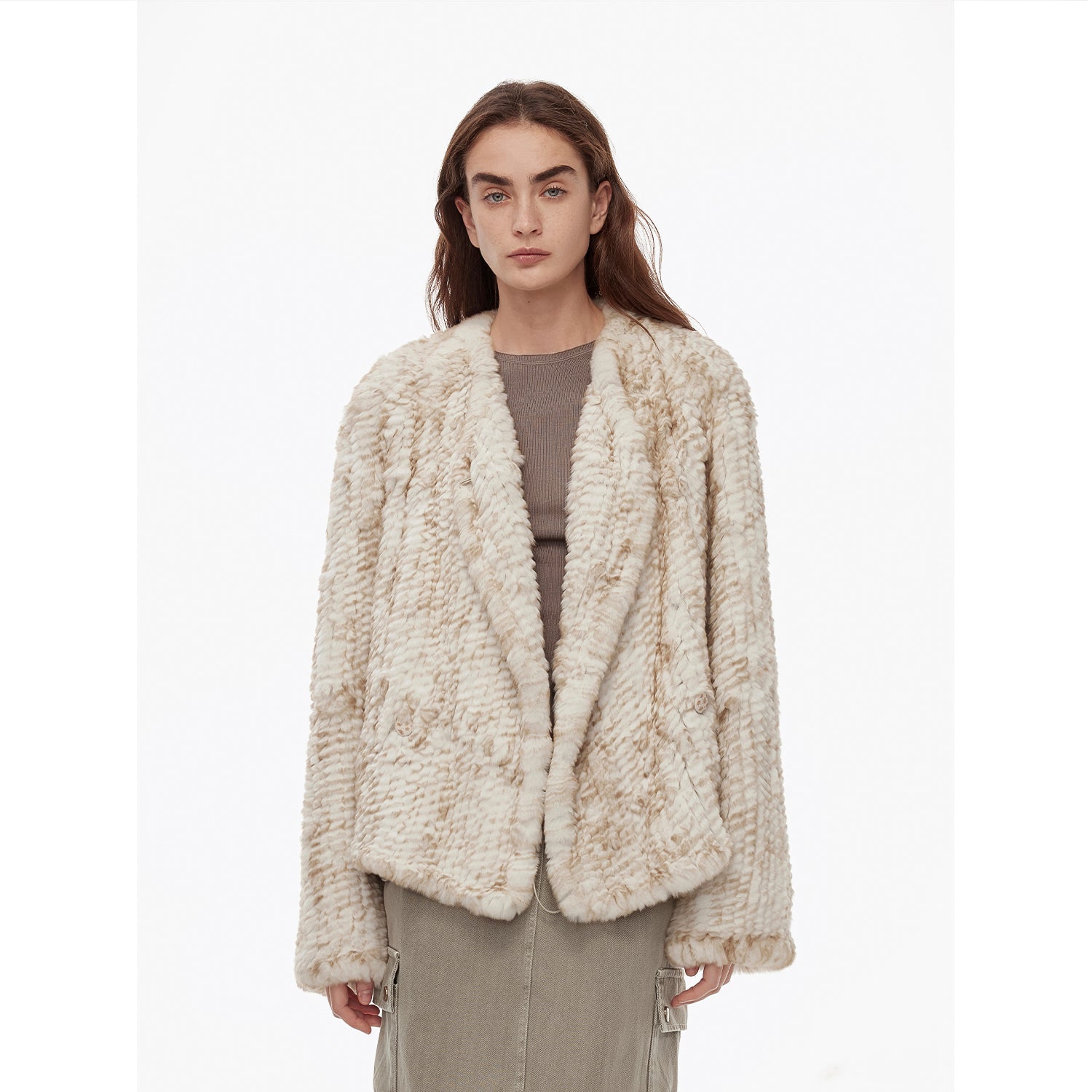 "Inspiration Glimpse" lapel double-breasted loose woven Rex rabbit fur coat for women in winter