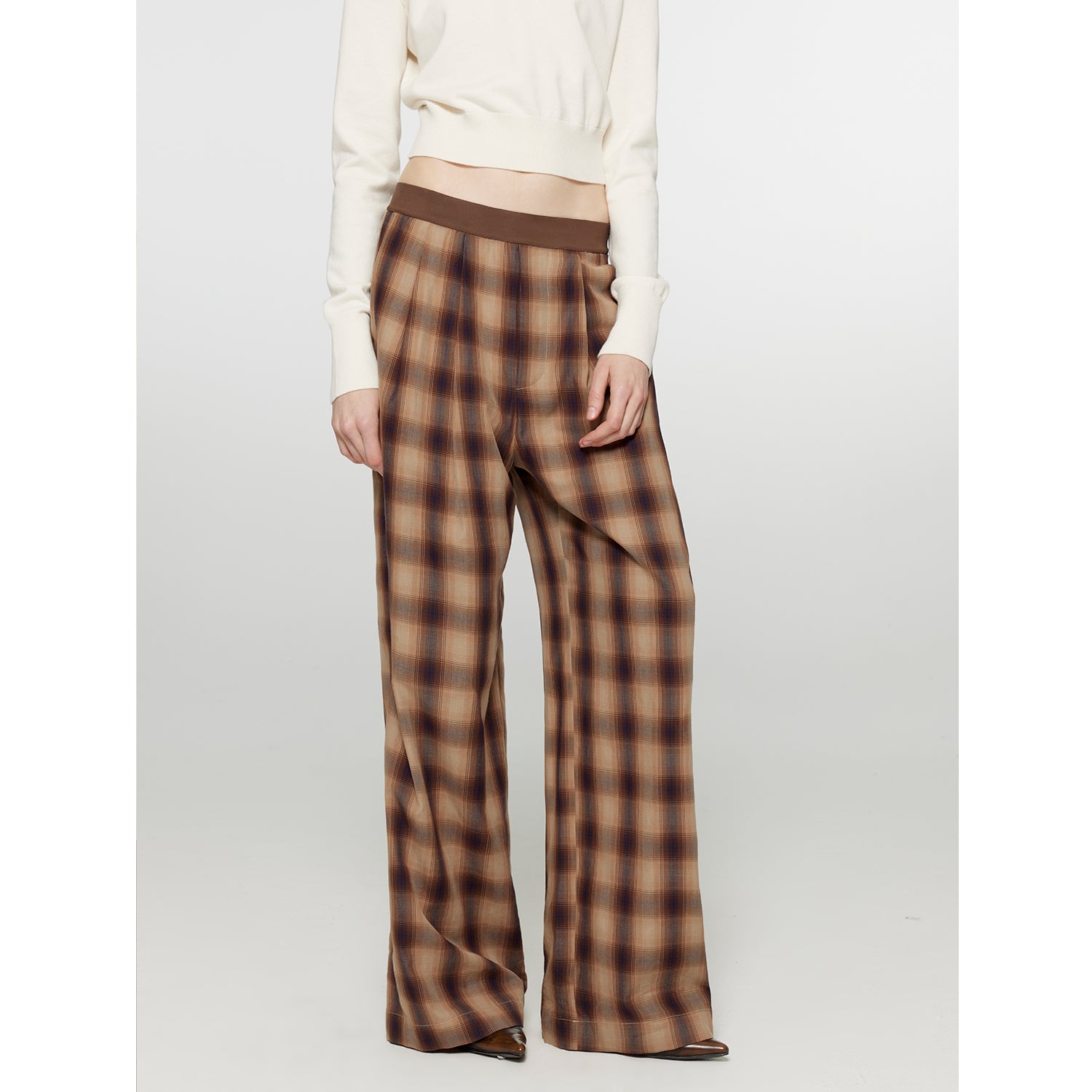 "Patchwork Street Corner" Dyed Retro Plaid Casual Pants for Women, Elastic Waist, Straight-Leg, Wide-Leg Long Trousers