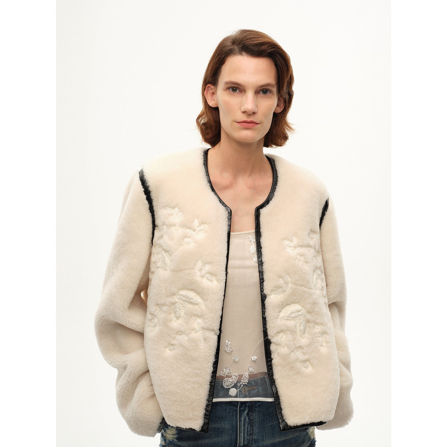 "FF×JW Muse Project" embroidered round neck short merino wool sheepskin fur coat
