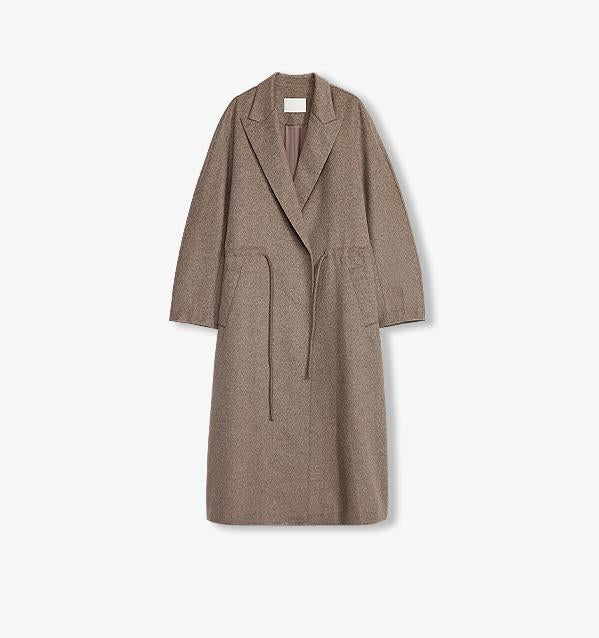 "Desert Heart"women's original color wool peaked lapel drawstring mid-length wool coat