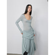 "Dreamy Ball" Lightweight and Breathable 100% Wool / U-neck Irregular Hem Long Dress for Women