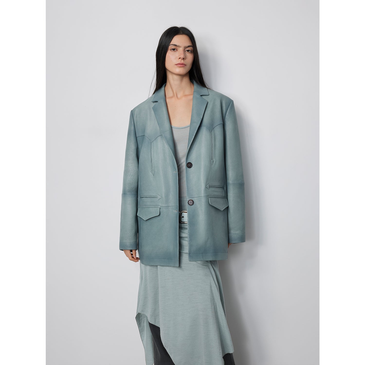 Custom-Dyed Washed Spray-Color Goat Leather Genuine Leather Blazer for Women, Vintage-Finish Leather Jacket “Nostalgic Denim”