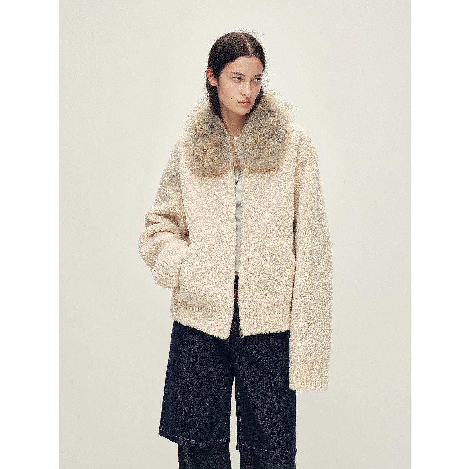 Firelady Fur Women's Merino Shearling Coat | Layered Patch-Dyed Raccoon Fur Collar“Hokkaido Melody”