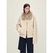 Firelady Fur Women's Merino Shearling Coat | Layered Patch-Dyed Raccoon Fur Collar“Hokkaido Melody”
