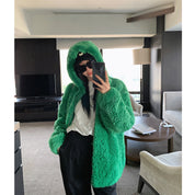 Green Fashion Hooded Sheepskin Coat