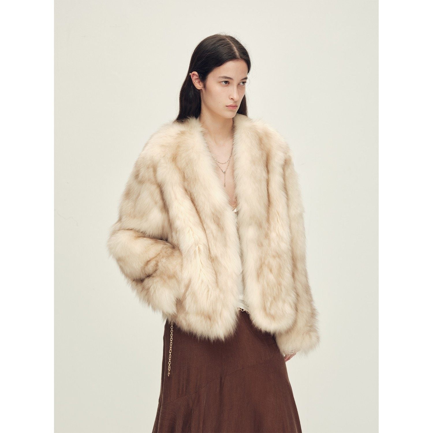 Firelady Fur Women‘s Fox Fur Coat with Hand-Sprayed Ombré Finish | Saga Furs, V-Neck Design"Gone with the Wind"