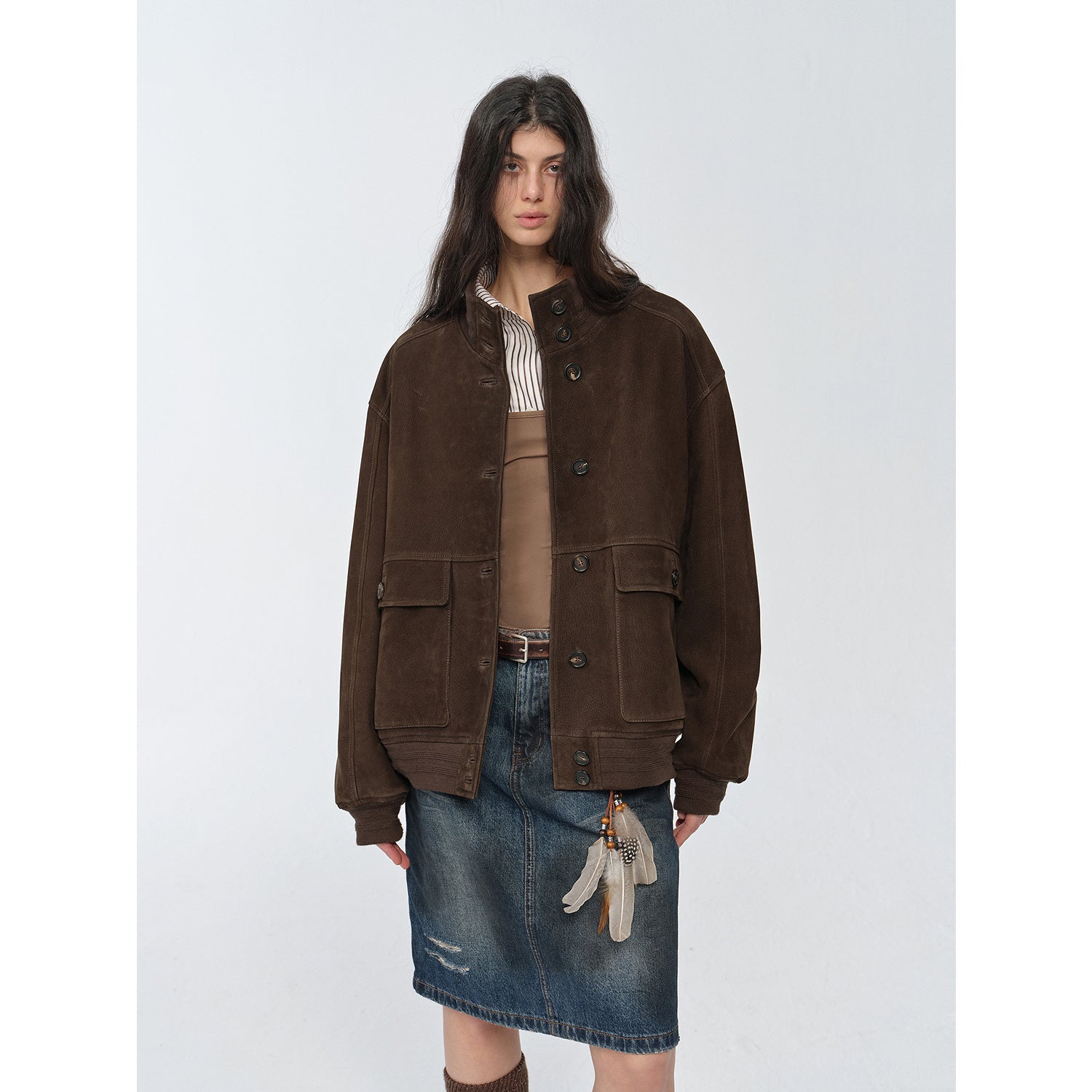 Vintage imported suede sheepskin leather ribbed patchwork jacket "Spring Whisper"