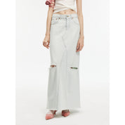 "Walden Pond" Turkish Imported Wash-faded Distressed Hole Denim A-line Skirt