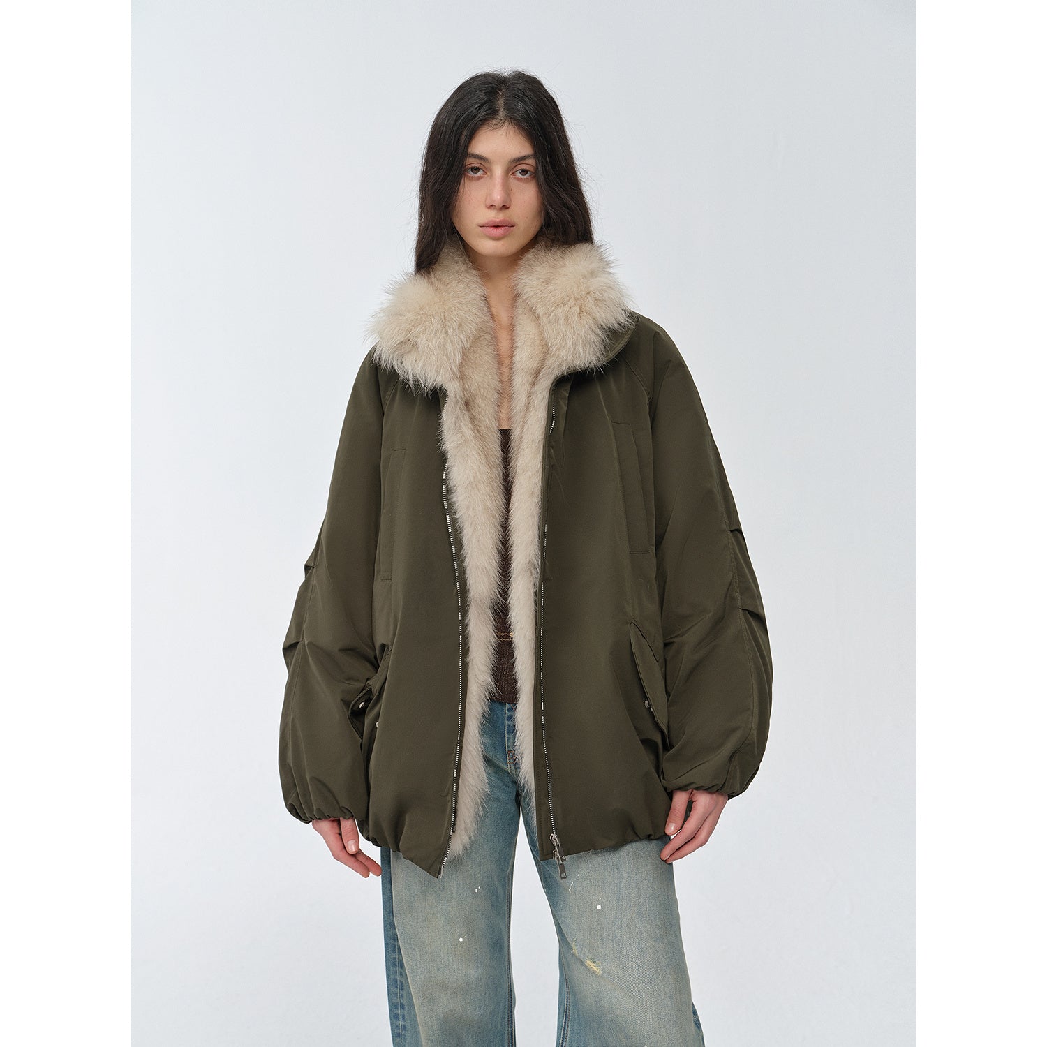 "Warm Dialogue" Two-tone fox fur collar detachable 90 goose down jacket mid-length down parka