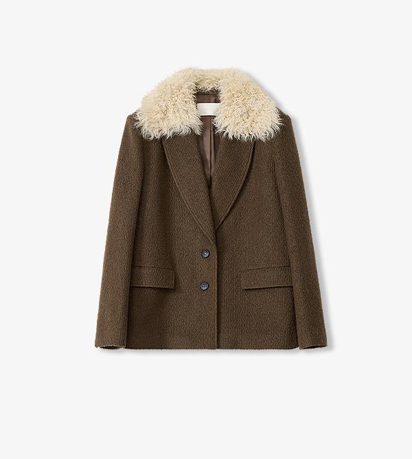 "Vertical Texture" Wool Tweed Coat Detachable Fur Collar Suit Parker