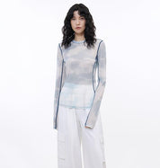 Smudge-printed mesh slightly see-through long-sleeved T-shirt for women