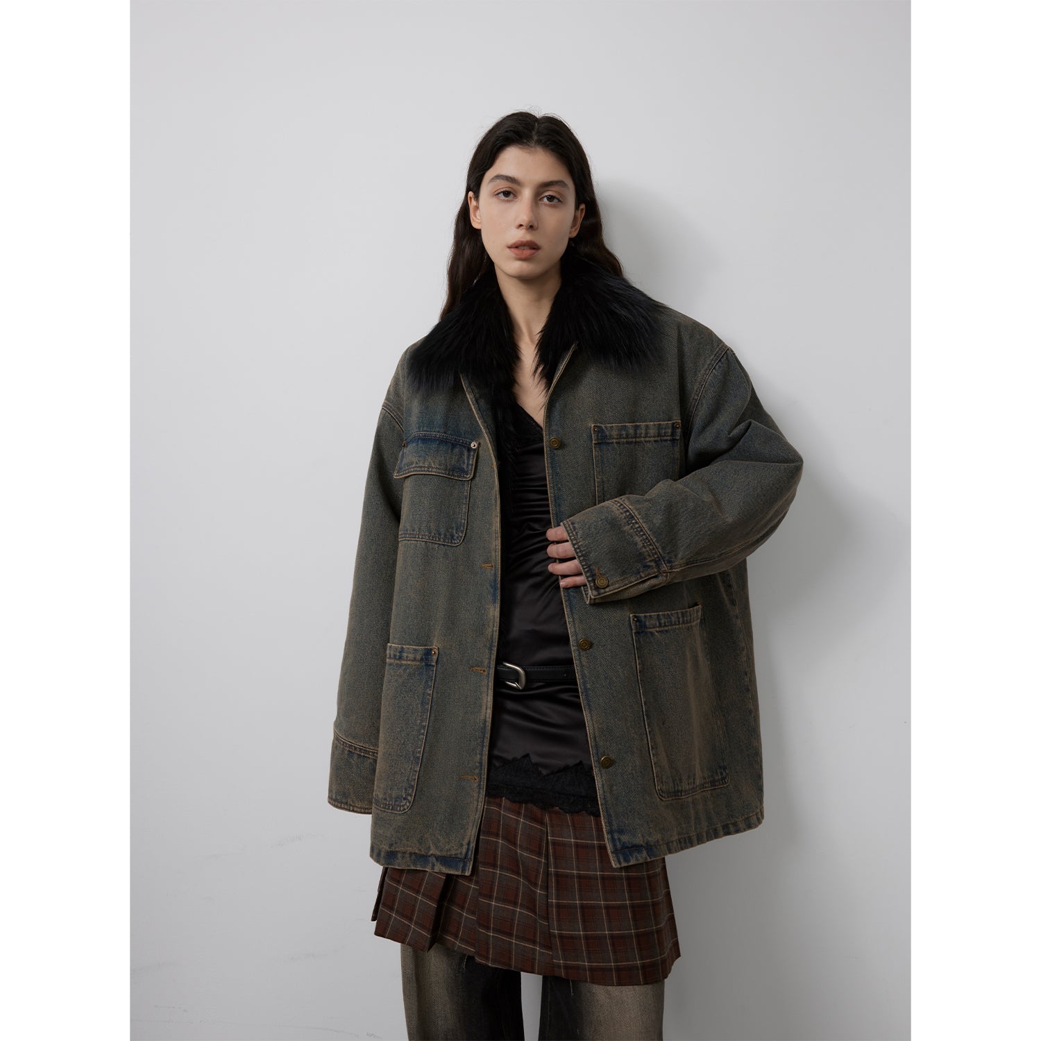 "Kuila" workwear denim fox fur lining detachable parka coat