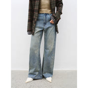 "Denim Shadow"retro washed printed layered casual slimming cotton bootcut jeans