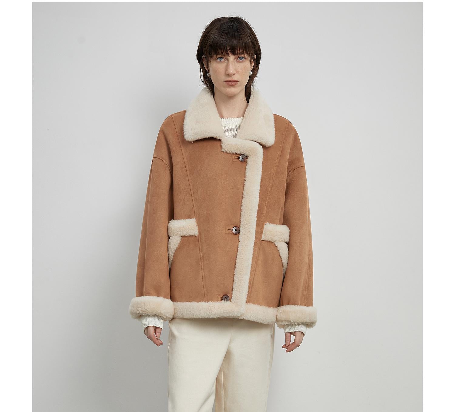 Shepherds Lapel biker wind sheep shearling coat fur coat female