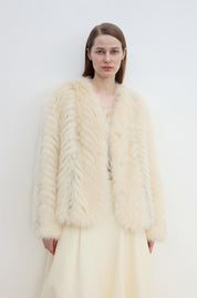 "Champagne on a Snowy Night" imported fox fur two-tone V-neck oblique stripe slim jacket