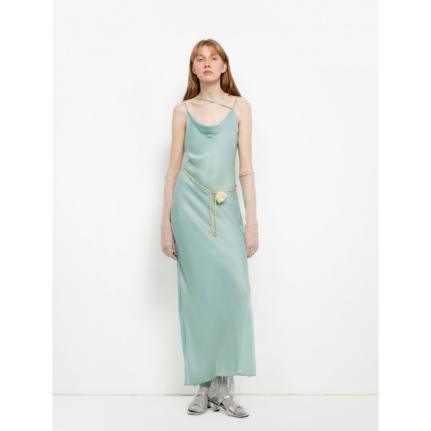 "Island Riddle" Glossy copper-ammonia silk satin light luxury swing collar slim fishtail suspender dress