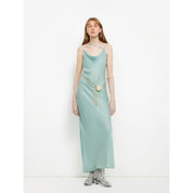 "Island Riddle" Glossy copper-ammonia silk satin light luxury swing collar slim fishtail suspender dress