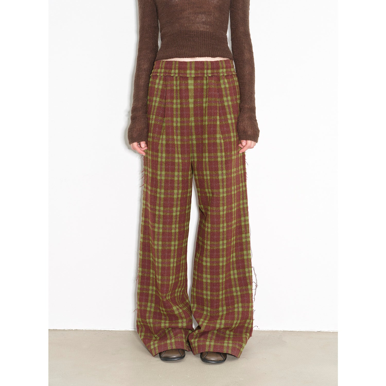 "Vintage Opportunity" High-Proportion Merino Wool Single Pleated Plaid Tweed Low-Rise Wide-Leg Casual Pants