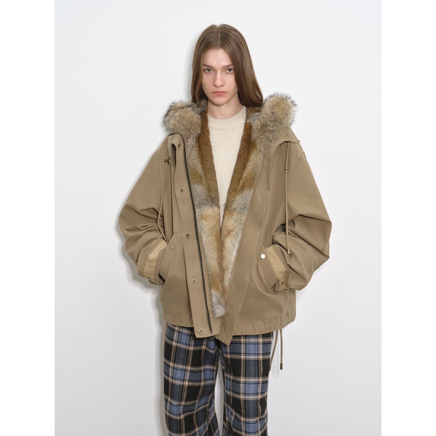 "Impressionist" 90 goose down jacket, detachable wolf fur collar, rabbit fur lining, hooded down parka