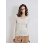 "Self-Life"Yangzi Machine Washable Seamless V-Neck Merino Wool Knit Bottom Shirt