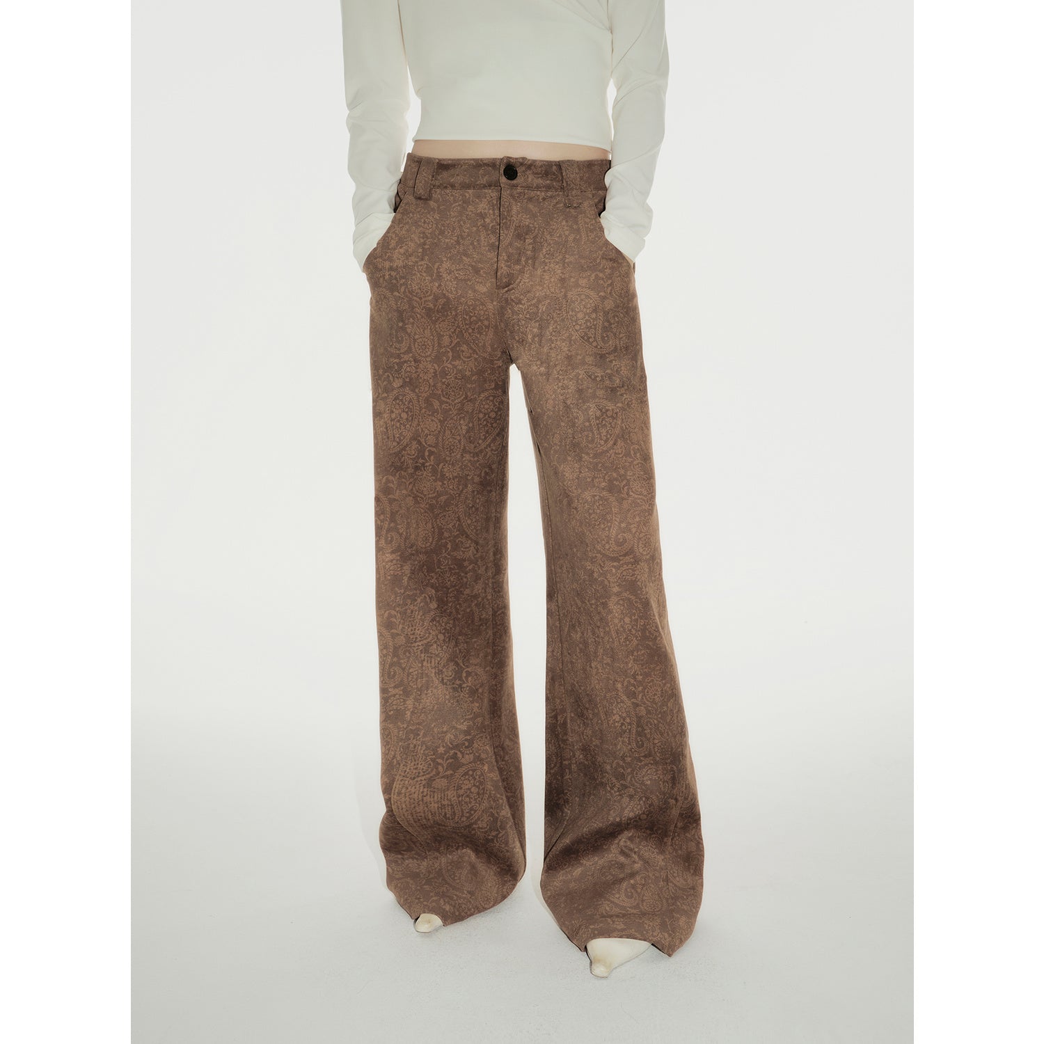 "Vintage Walk" Retro nostalgic chenille suede mid-rise cashew smudge print scimitar pants