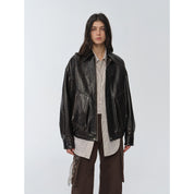 "New York International Student" Retro and fashionable imported waxed sheepskin leather bomber jacket