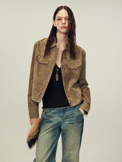 Women's imported first-layer suede sheepskin short autumn leather jacket