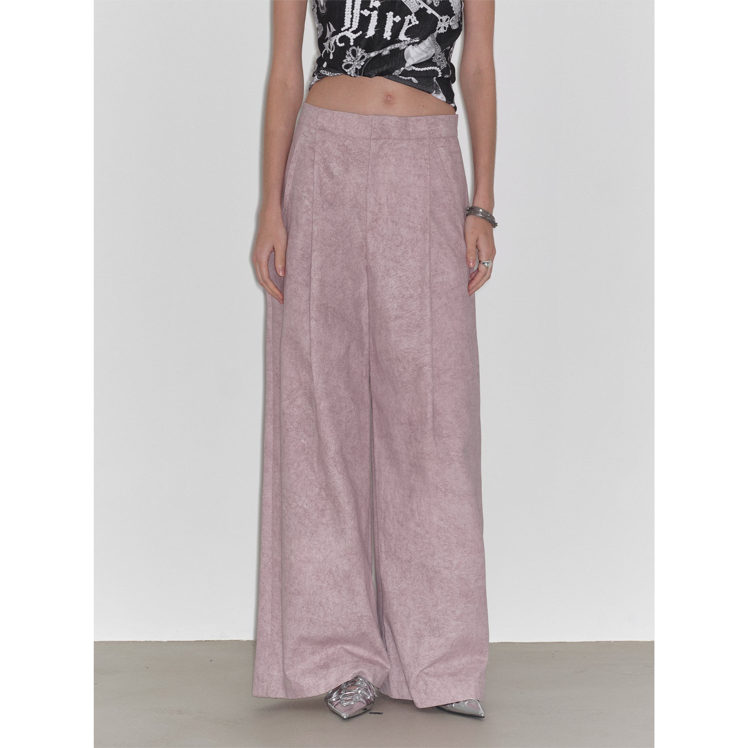 "Light and Shadow Walking" Retro Fashionable Dirty Printed Reverse-Fold Mid-Low-Waist Double-pleat Straight-leg Wide-Leg Casual Pants