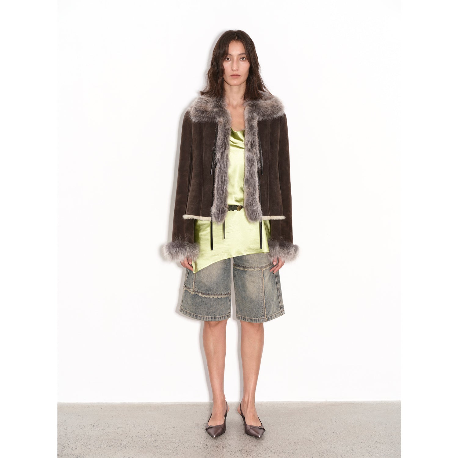 "Florence" imported merino wool sheepskin patchwork fox fur collar fur coat winter