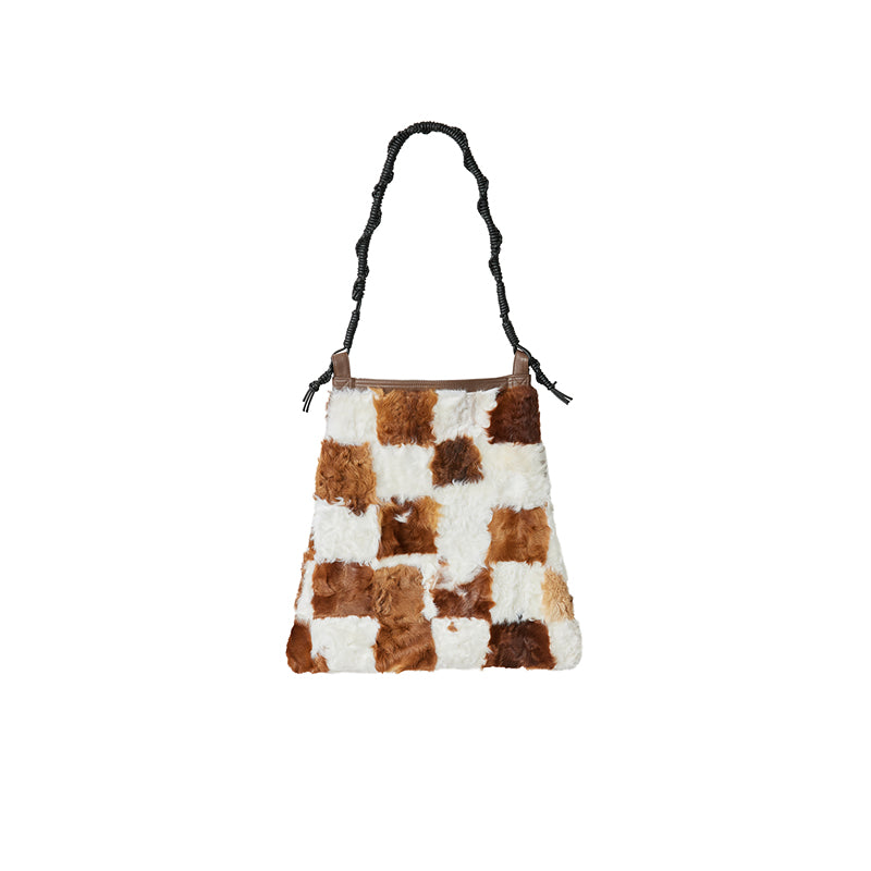 Retro fashionable versatile stitching contrasting checkerboard shoulder bag wool fur bag