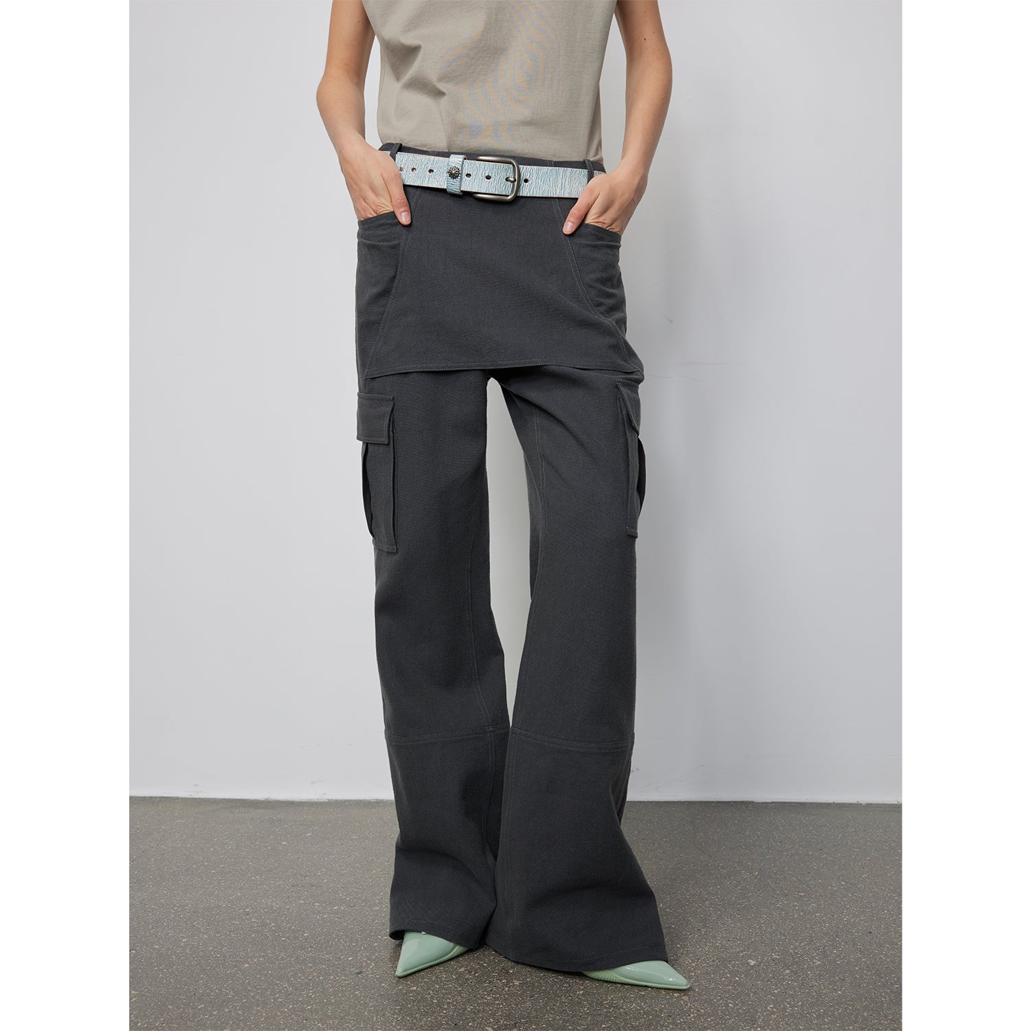 "Free to run away" miu style fake two-piece workwear micro-flared casual pants low-waist slim zipper trousers for women