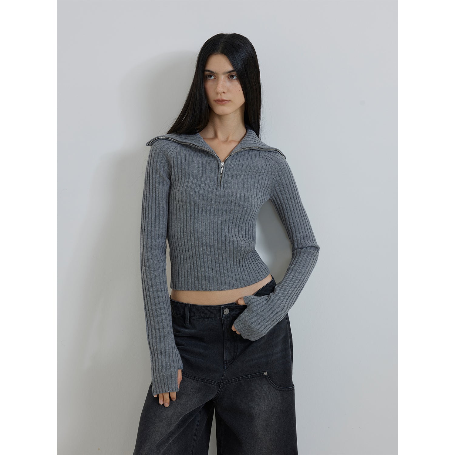 Merino wool stretch ribbed zip-up sweater "Fallen Leaf Street"